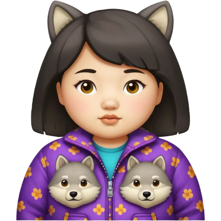 chubby Asian girl, medium wolf cut, baby face, age 15, funky patterned jacket emoji