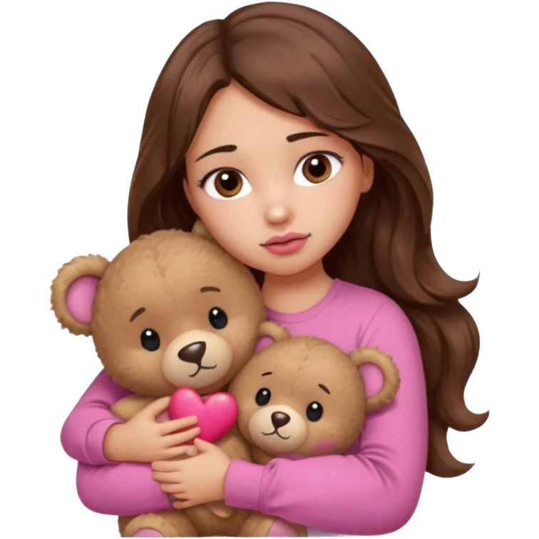 girl with long wavy brown hair, brown eyes, light to medium complexion, in a pink shirt, pink lips, long lashes, sad, hugging squeezing  a teddy bear with hearts emoji