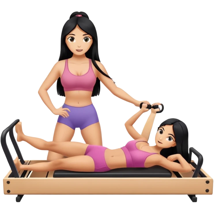 woman with bra, tanned long black hair, doing Pilates reformer  emoji