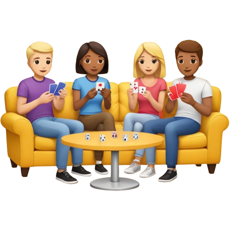 group of friends on couch playing a card game couch should be deep yellow color emoji
