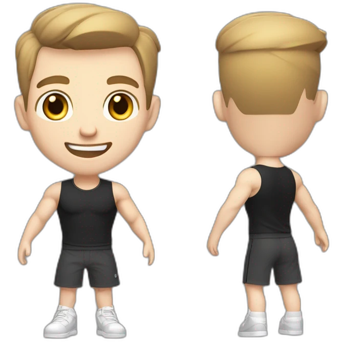 Joyful Pale skinned Fit Man With the biceps and dark brown hair in black shirt, gray sports shorts and white Sneakers emoji