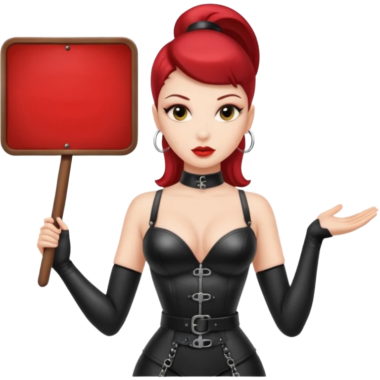 A dominatrix holding a large sign emoji