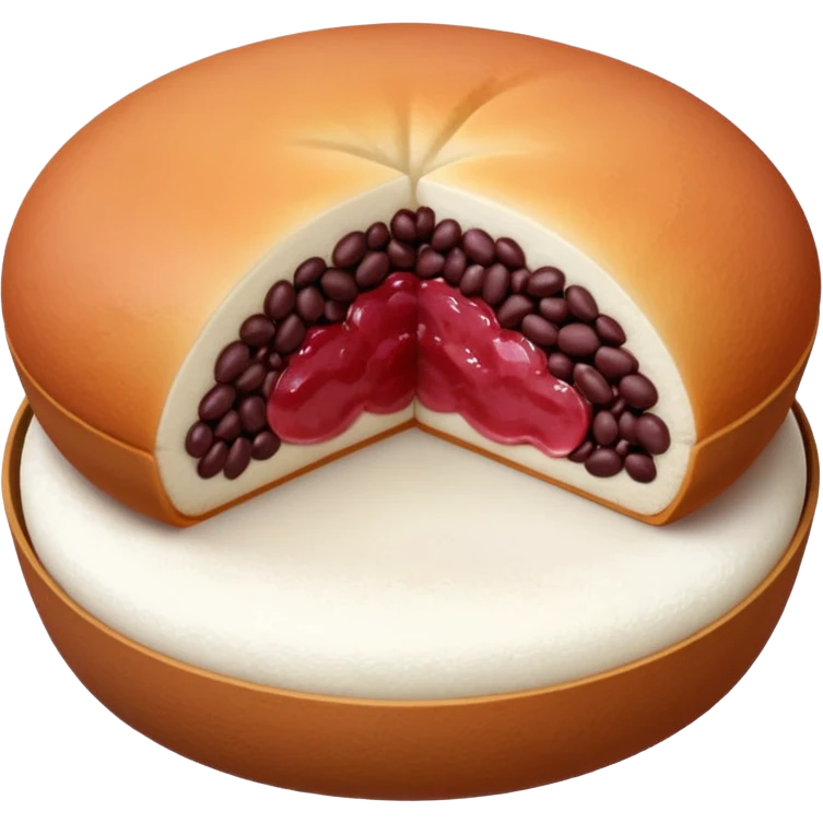 A soft round mochi cut in half, showing the filling inside (red bean paste or pink/white filling), outer layer is white and slightly stretchy-looking, smooth and pillowy texture, simple flat design style, centered on transparent background.
 emoji