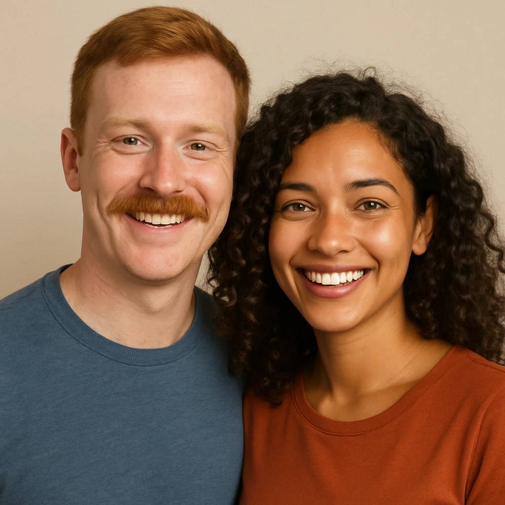 ginger man with brown eyes and ginger mustache, standing beside a brown curly haired woman with green eyes and tan skin, both happy, upper body, neutral background emoji