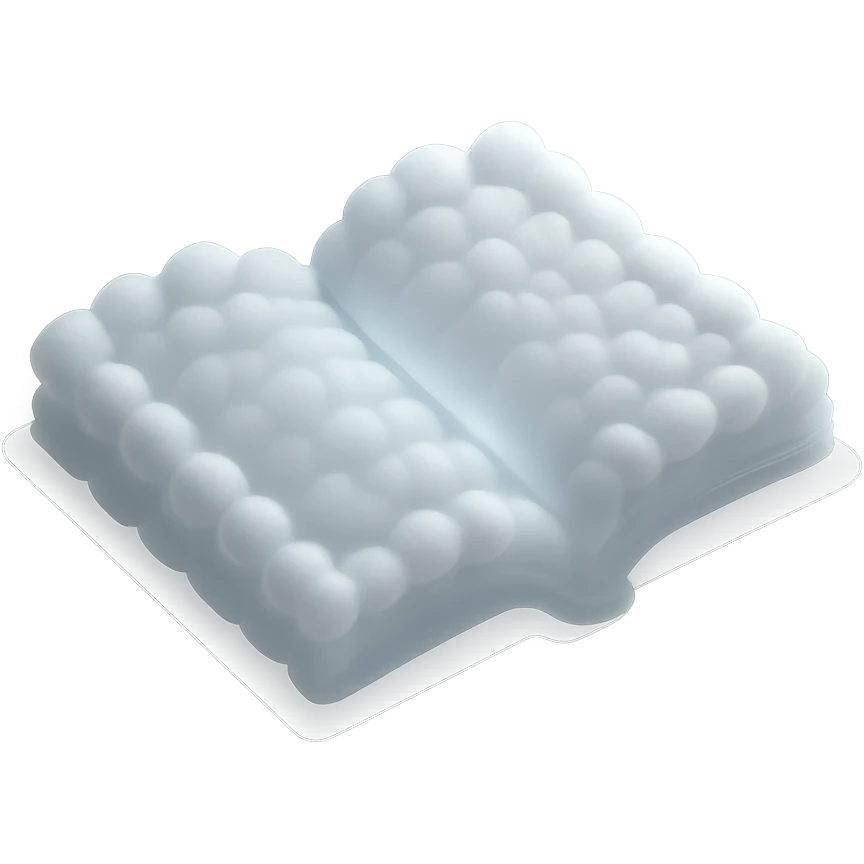 top view of a thick open book made entirely of small, very bright white fluffy convex clouds, matte glass style emoji