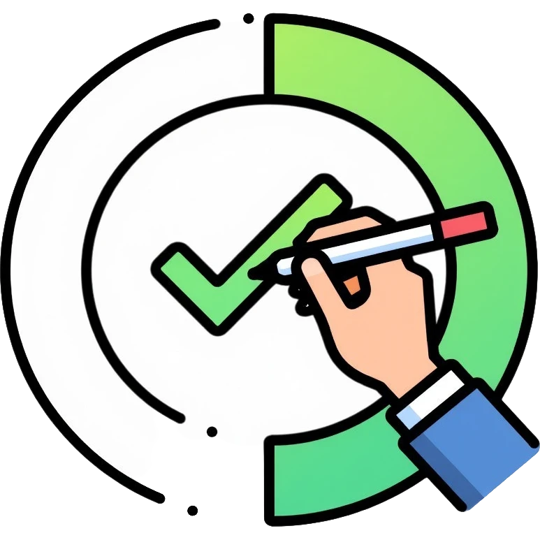 A hand with pen checking off a green checkbox inside a circular progress tracker, clean outlined style, symbolizing completed tasks and progress tracking emoji