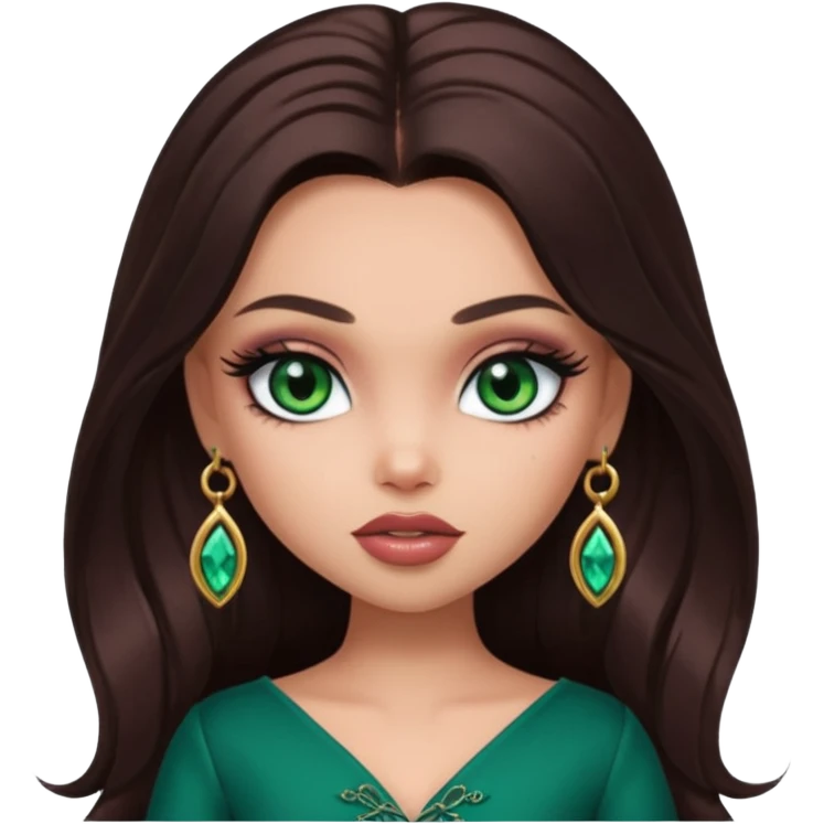 pretty bratz baddie,, pretty emerald eyes long darkbrown hair, pretty makeup, long lashes, NO EARRING emoji