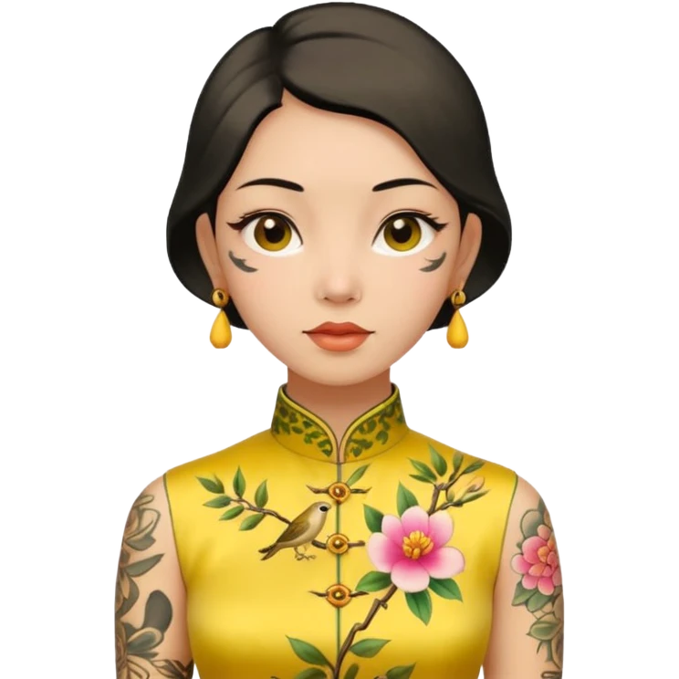 ancient woman with tatooed on neck and face and yellow cheongsam emoji