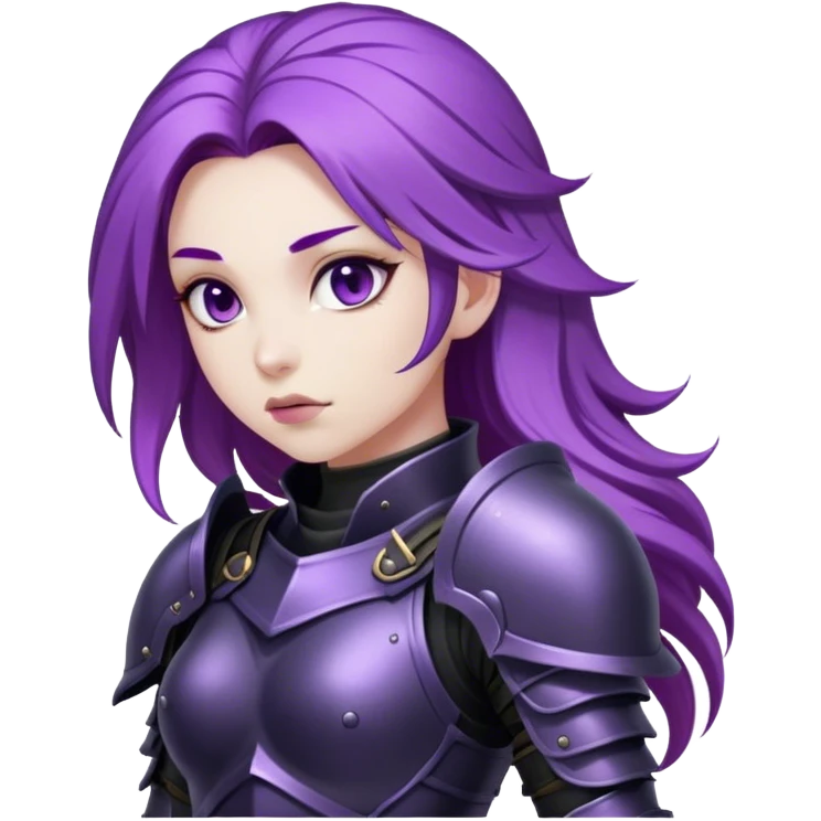 A mysterious warrior girl with flowing purple hair, dressed in black armor. emoji