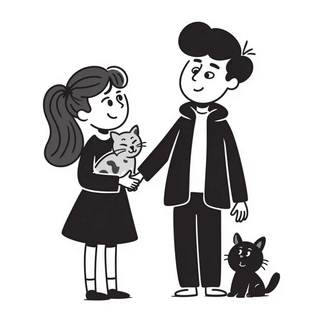 A girl with long brown hair holding the hand of a boy with black hair, both dressed in black, holding a cat and dog emoji
