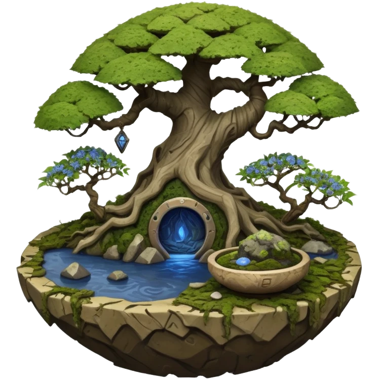 Alien spacecraft hanging jungle-vines mountain-island landscape antique mudman very old broken cracked intricate Stone Age rocky-crusted irregular dodecagon-shaped shallow dark moss rough bark blue willow flowered maple tree bonsai pot emoji