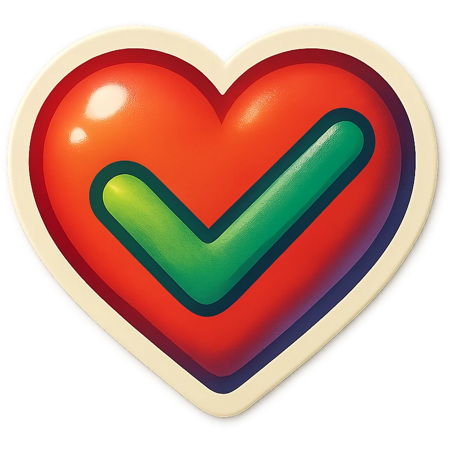 retro sticker style heart with a check mark, bold and playful emoji