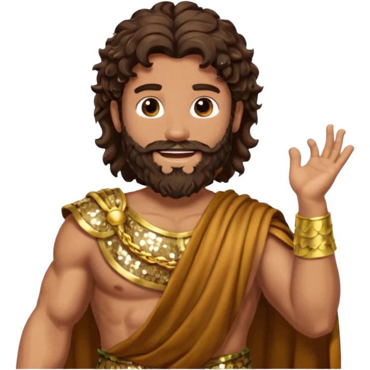 Hercules, God of Heroes from Roman Deities with long dark brown wavy hair and beard, bronze sequin toga emoji