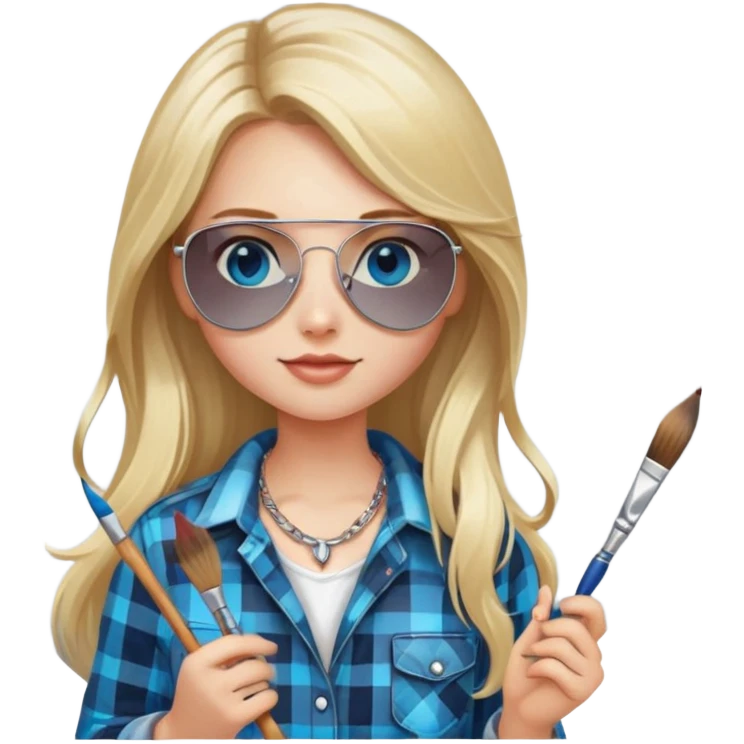 girl with long blond hair, wearing plaid shirt with blue eyes and aviator sunglasses wearing a ring on her silver necklace, holding a wide paintbrush emoji