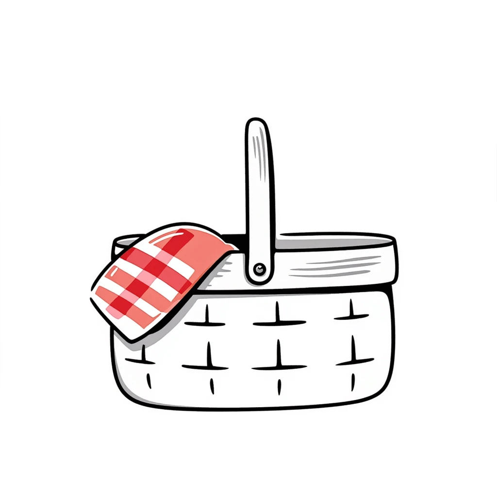 A picnic basket with handle and lid, possibly with some items peeking out, in pastel colors (dd9fb0, ffc6d3, a3bfc9, c4bee2, f1b091), hand-drawn doodle style emoji
