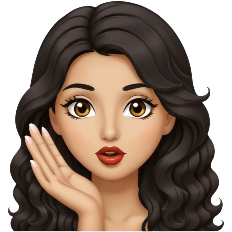 woman with olive skin, brown eyes and long lashes, and long black wavy hair blowing kiss emoji