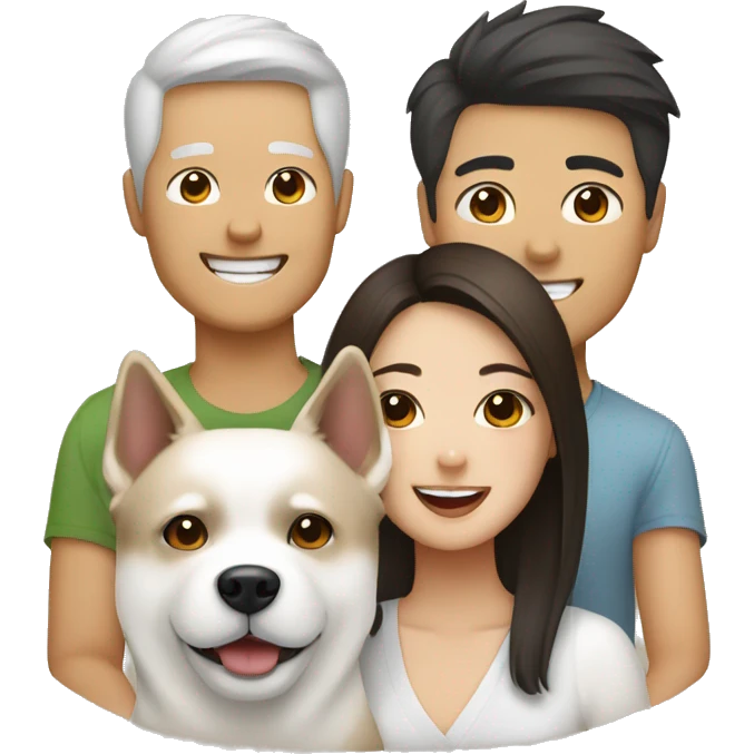 Happy Asian couple with White Japanese Akita and brown Maltese emoji