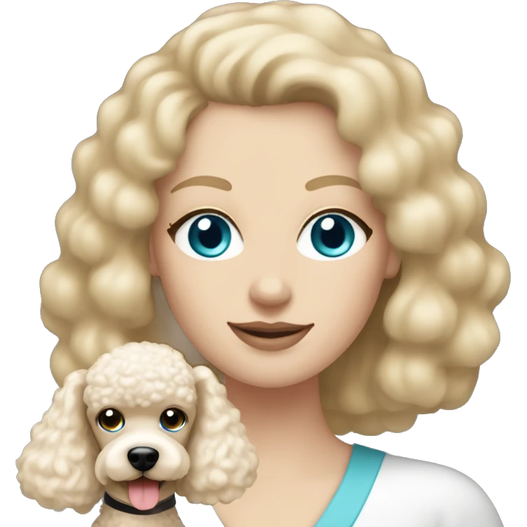  mom with straight blonde hair and blue eyes is holding a cream poodle  emoji