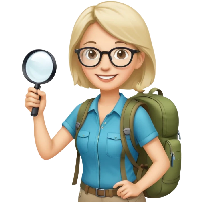 Happy woman hiker in her 40s with glasses and backpack, holding exactly one magnifying glass in one hand only emoji