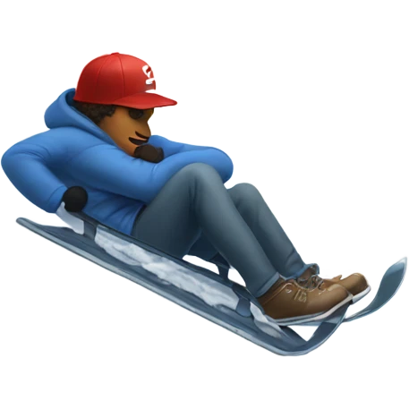 Man wearing a baseball cap backwards, sledding down a snow covered hill emoji