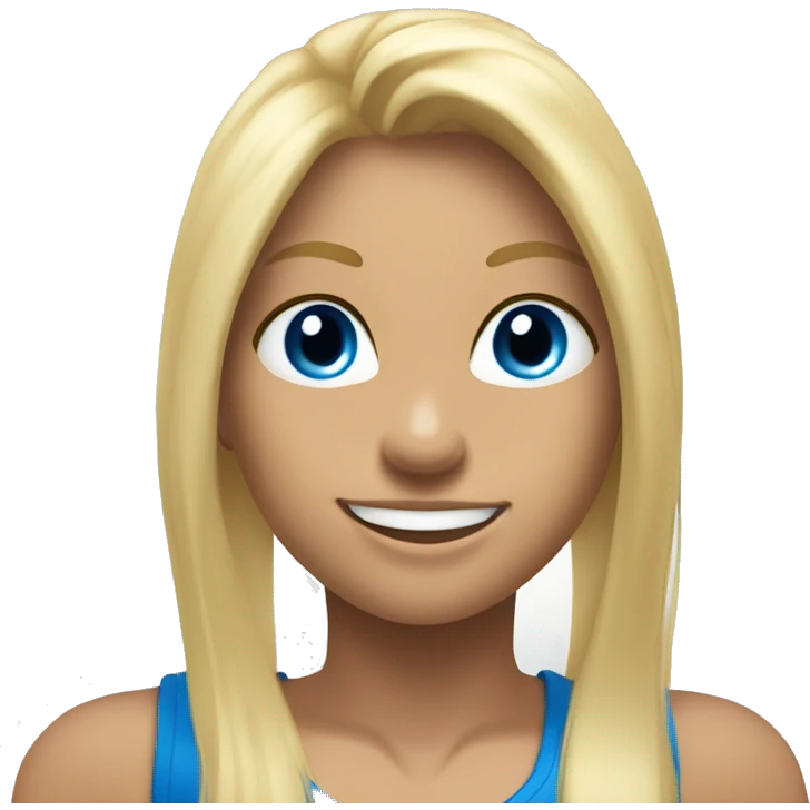 blonde muscular gym girl with blue eyes, fringe, and sweet smile,show silhouete long hair emoji