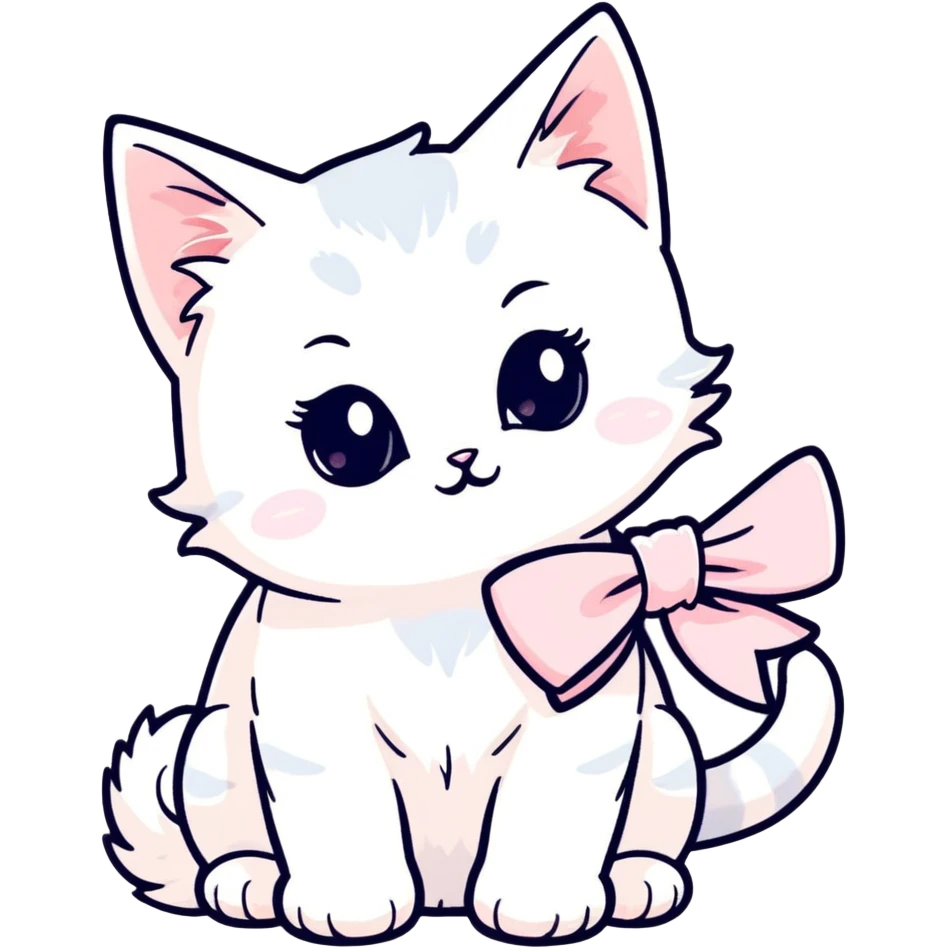cute fluffy white kitten with a light pink bow, watercolor art style emoji
