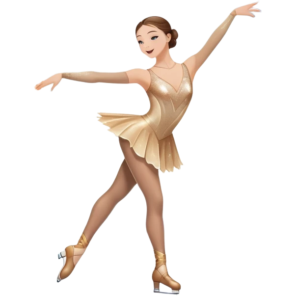 An icon featuring a graceful figure skater performing a spin on the ice. The background includes a grand ice rink palace with shining spotlights and cheering spectators in the stands. Transparent background highlights the elegance and artistry of figure skating emoji