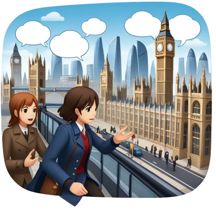 An icon representing a visual novel, inspired by games like 'One Day in London.' The design features a detailed cityscape with characters in dynamic poses, as if caught in a pivotal story moment. Speech bubbles and narrative text appear. Transparent background emoji