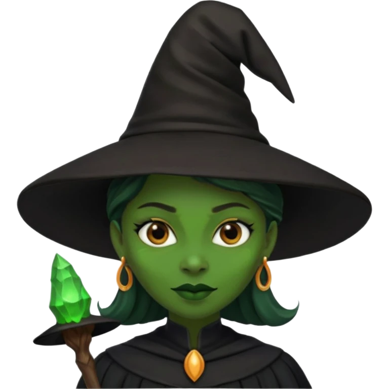 сделай эмоджи ведьмы с зеленой кожей, но африканскими чертами лица. в ведьминской черной шляпе и черном платье emoji