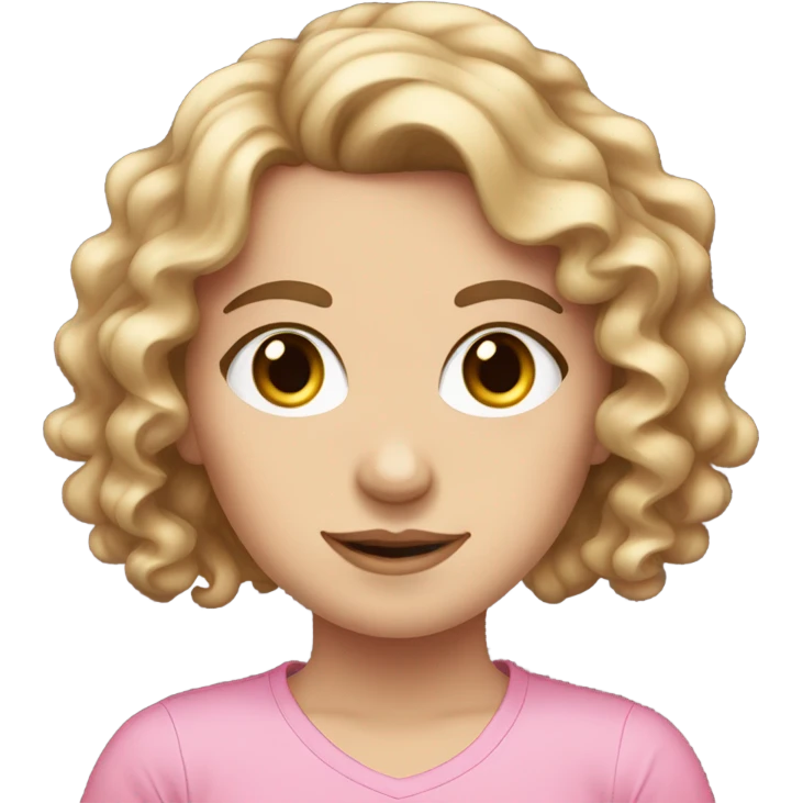 pretty white girl with curly brown hair with coquette bow on her hair and a pink t-shirt emoji