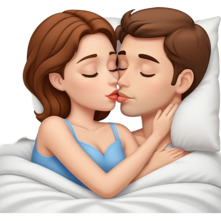 White man kissing white woman brown hair good night in bed emoji