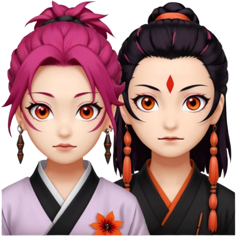 tanjiro: Kind red eyes, black hair with burgundy tips, forehead scar, tanned skin, Hanafuda earrings.                             nezuko:   Pink eyes, black-orange hair, fangs, bamboo muzzle. emoji