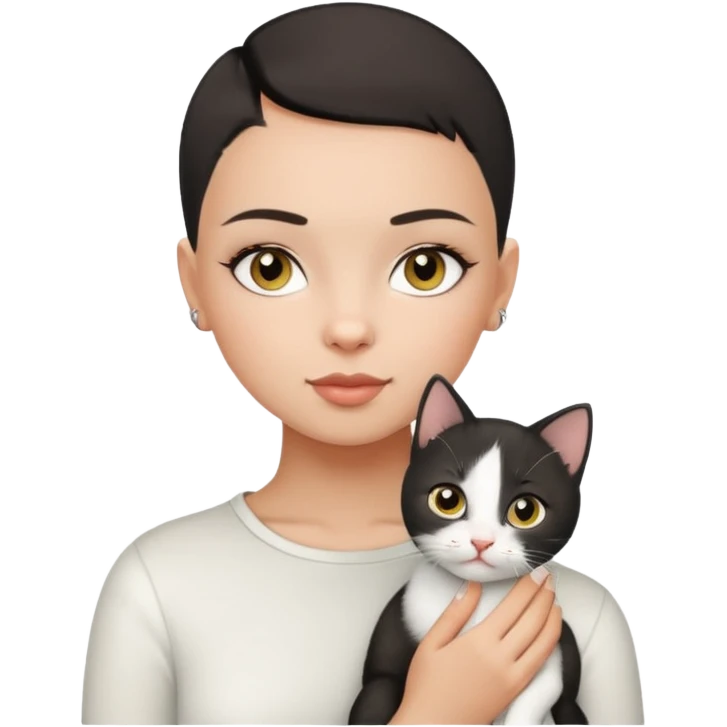 HAZEL EYES , BLACK BUZZ CUT LIGHT SKIN ROUND FACE GIRL with one white kitten emoji