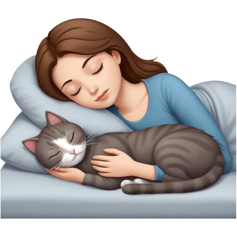 white girl brown hair girl sleeping with grey cat emoji