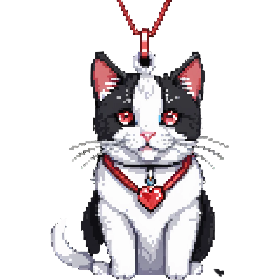 tuxedo cat with red leash and heart pendant, white fur only on mouth, small diamond spot above nose emoji