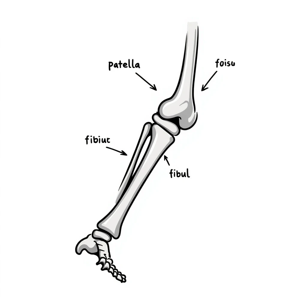 anatomical drawing of knee bones showing patella, femur, tibia, and fibula with labels emoji