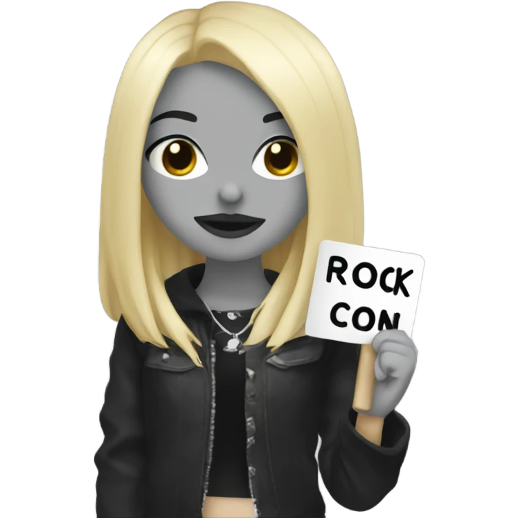 Blonde goth girl holding a sign that says “rock on” emoji