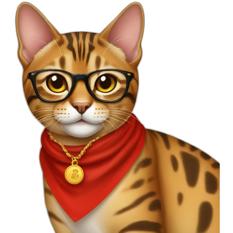 a Bengal cat wearing glasses with a golden chain around its neck, smiling with red flag emoji