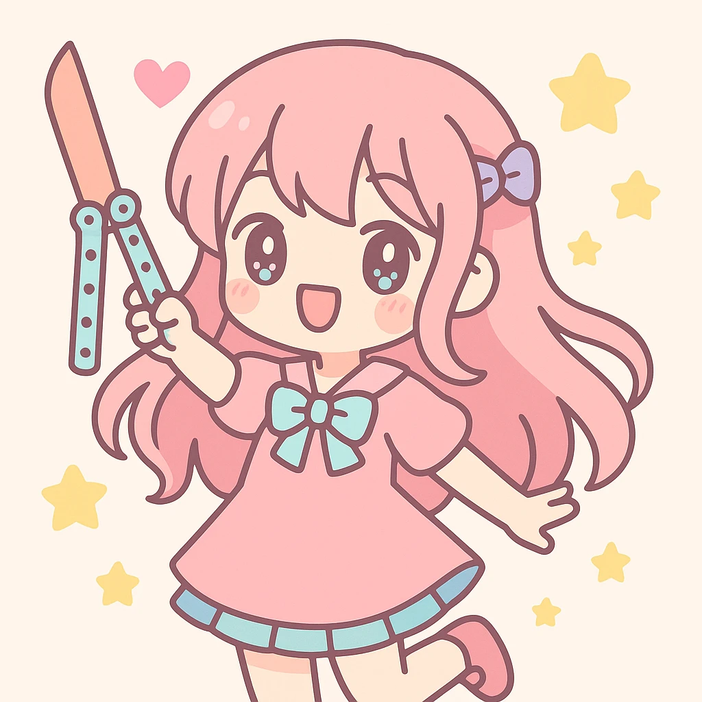 stylized anime girl with a balisong, flowing hair, lively pose, bright color palette, whimsical background, cute accessories emoji