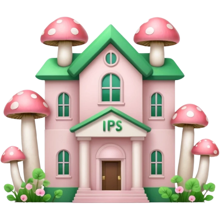 Pale Pink and green cute bank building, mushrooms growing around it , clean aesthetic, two PP letters on it, lines, vectors emoji
