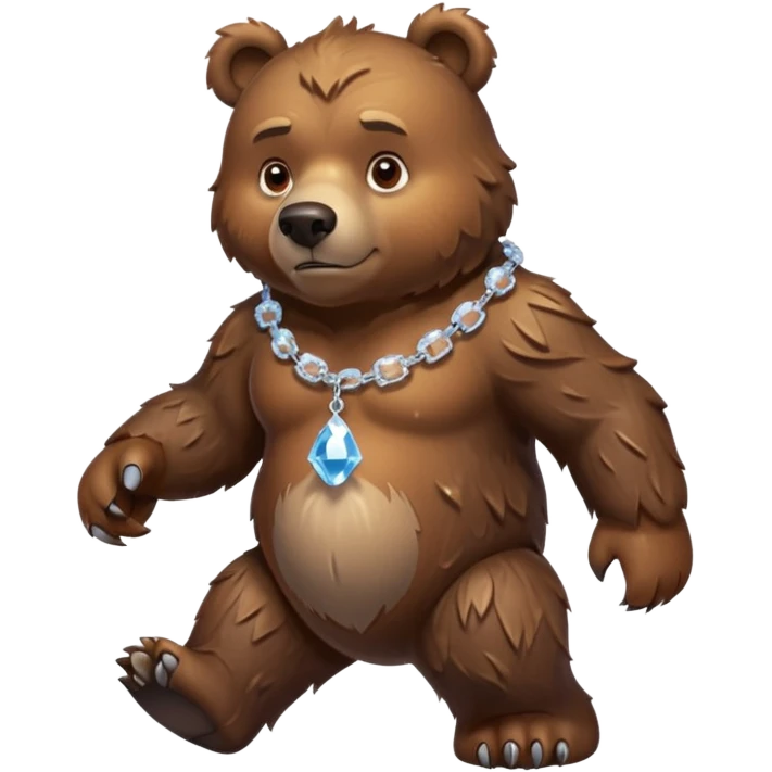 Fierce brown bear walking on four paws with an ice chain necklace, frozen chain links made of crystal clear ice, serious face emoji