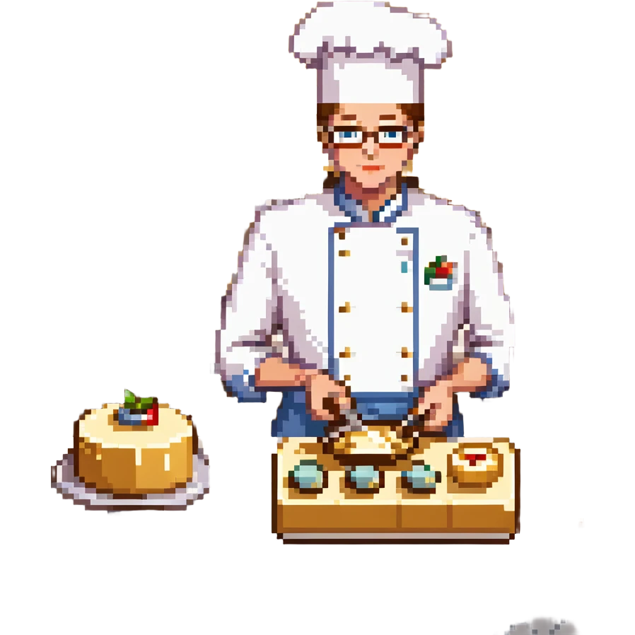 An elegant master baker in a pristine patisserie. He works atop a polished marble counter with porcelain molds and gold-trimmed tools. The interface mimics porcelain scrollwork, with soft pastel colors and delicate ceramic textures. emoji