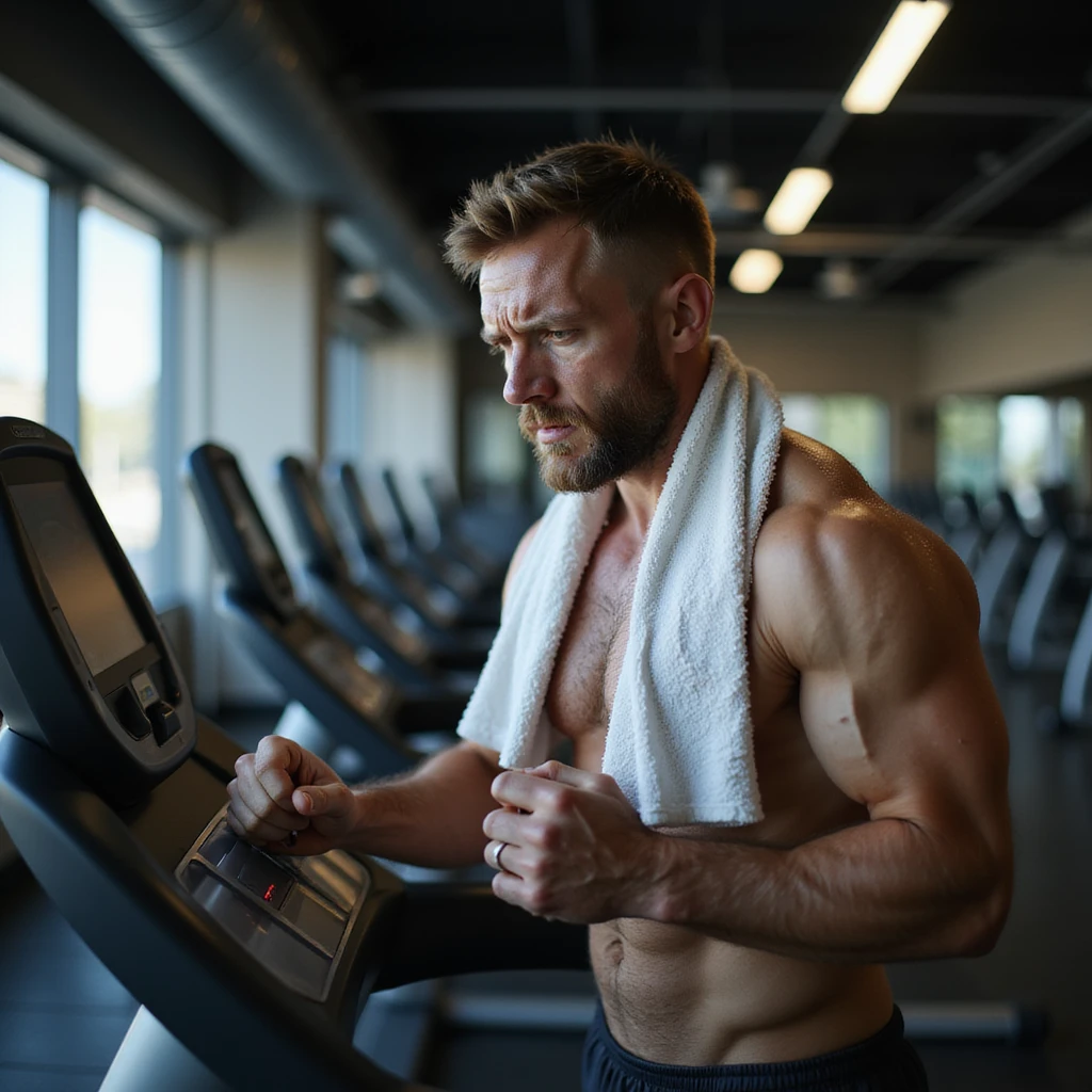 hyperrealistic 4K image of a muscular man in his 30s on treadmill, anxiously staring at heart rate monitor, face flushed, sweat dripping, gym towel soaked, hands trembling, clear signs of stress and panic, gym background emoji