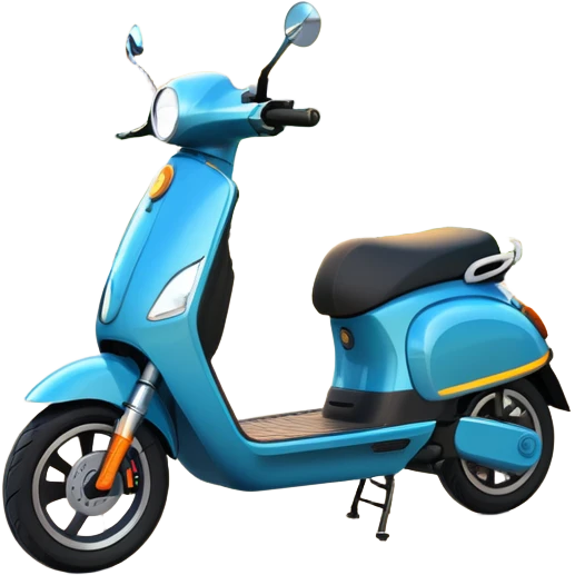 An icon featuring a sleek electric scooter parked on a scenic path. The background showcases a vibrant city park with green trees, flowers, and a clear blue sky. The sun sets in the distance, casting a warm golden glow on the landscape. Transparent background emoji