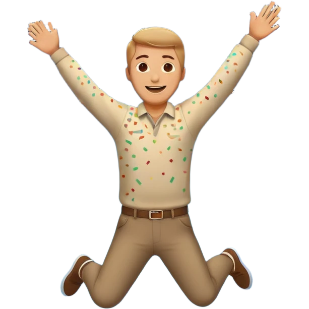 hombre sonriendo saltando con los brazos hacia arriba saltando, con fuegos artificiales, confites volando, emoji
