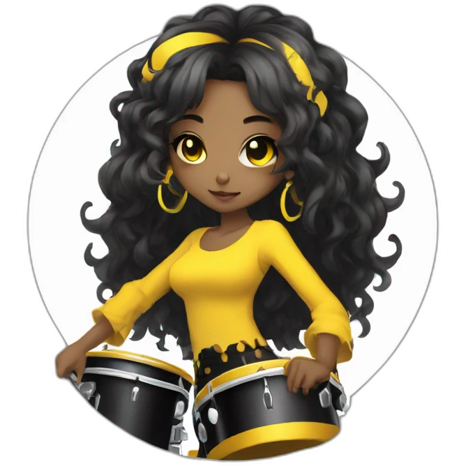 cute punk girl in yellow dress dark skin with yellow eyes and dark curvy hairs drummer anime style emoji