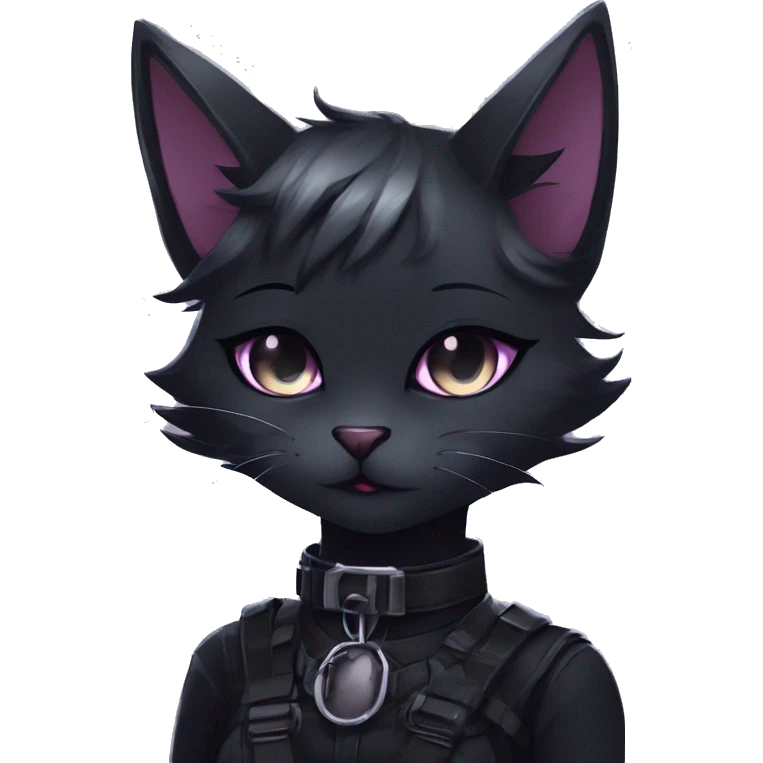 Gorgeous gothic dark techwear anime style anthro black cat furry with blushing face aesthetic and pretty edgy black with collar and harness trending style emoji