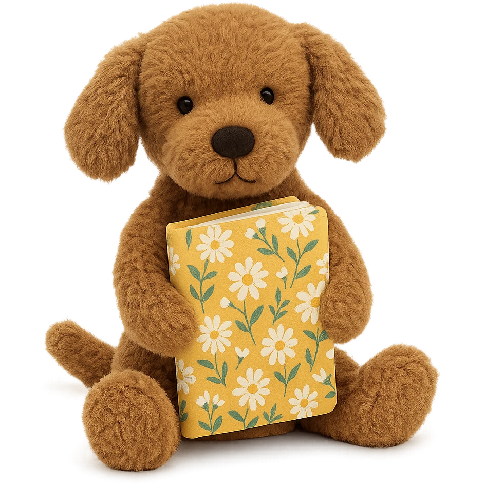 Jellycat style brown golden retriever puppy holding a yellow floral journal  emoji