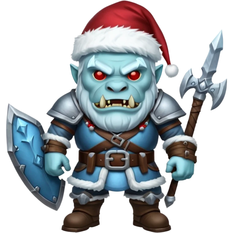 
Fantasy Christmas orc legion soldier icon, iron tundra army theme, heavy winter armor, disciplined brutal look, icy blue steel armor with deep crimson accents, frozen metal texture, cold winter atmosphere, male variant emoji
