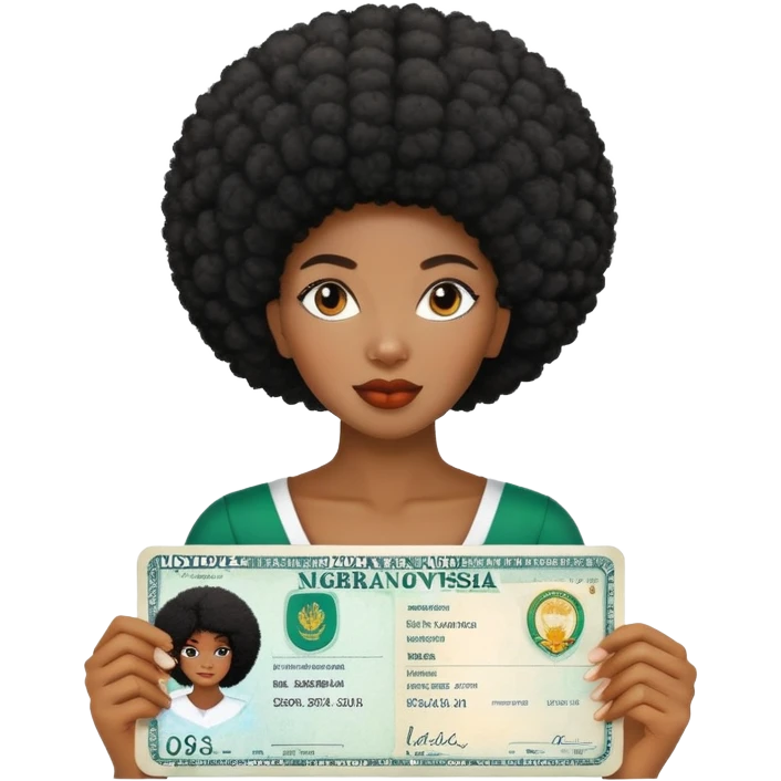 Nigeria, travel visa, with black woman, afro hair, photo on it. emoji